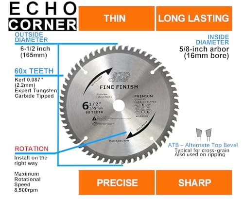 6-1/2 Inch Fine Finish Wood Cutting Circular Saw Blade, Fine Cut Crosscut Framing Plywood MDF Plastic Veneer Lumber Laminate, 5/8 Inch Arbor (60-Tooth)