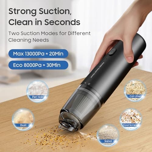 Handheld Vacuum Cordless, Portable Car Vacuum Cleaner with HEPA Filter, 2 Suction Modes, Mini Hand Held Vacuum Rechargeable for Car, Home, Office, Desk, Keyboards, Pet Hair (Black)