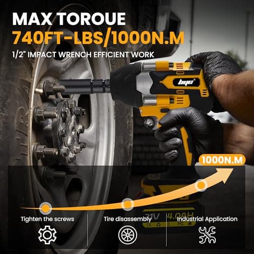 Cordless 1/2 Inch Impact Wrench,1000 N.m(740 Ft-lbs) Brushless High Torque Electric Impact Gun, 3300RPM Power Impact Driver, 2x 4.0AH Li-ion Battery,Charger & 6Pcs Sockets for Car Home DIY Furniture