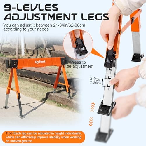 Saw Horses 2 Pack, 4400Lbs Load Capacity Saw Horse Folding Heavy Duty Sawhorses 21-34in Adjustable Height Professional Saw Horse with 2x4 Bracket for Woodworking Carpenters Contractors, Orange