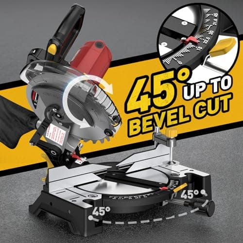 10-inch Compound Miter Saw, 5000RPM, 15 Amp, Single Bevel 0-45° with Extension Table, 36T Blade, Power Saw for Metal, Plastic, Wood, Laminates