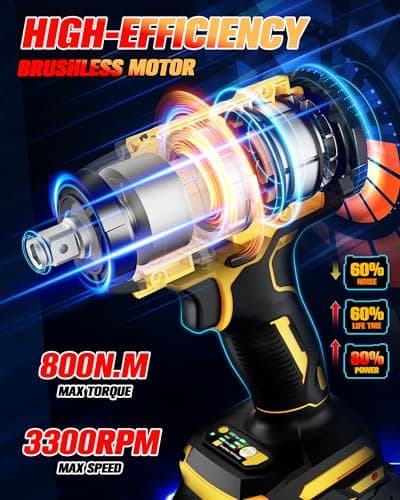 Cordless Impact Wrench - 590Ft-lbs (800N.m) Brushless 1/2 inch, 3300RPM High Torque Impact Gun, 2x 4.0Ah Battery, Charger & 7 Sockets, Electric Impact Wrench for Car Home