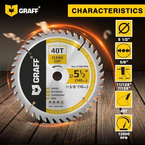 5-1/2" Wood Cutting Circular Saw Blade - Chop Saw Blade for Plywood, MDF, Drywall & Plastic 40T TCT Blade for Circular Table Miter & Cordless Saws 5/8-Inch Arbor Burr-Free No Heat No Sparks GRAFF