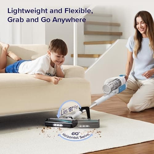 LEVOIT Cordless Vacuum Cleaner, Stick Vac with Tangle-Resistant Design, Up to 50 Minutes, Powerful Suction, Rechargeable, Lightweight, and Versatile for Carpet, Hard Floor, Pet Hair, White＆Blue