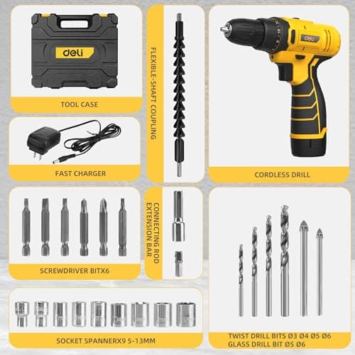 DELI 12V Cordless Drill Set, 2.0Ah Battery with Charger, 3/8'' Keyless Chuck, 18+1 Torque Settings, Electric Mini Drill for Home Improvement