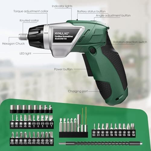 Electric Screwdriver Cordless Set, 3.6V Power Screwdriver Rechargeable with Light, Green Screw Gun with Pivoting Handle and Drill, 49 Pcs Accessories, 6+1 Torque Setting, 2000 mAh Battery