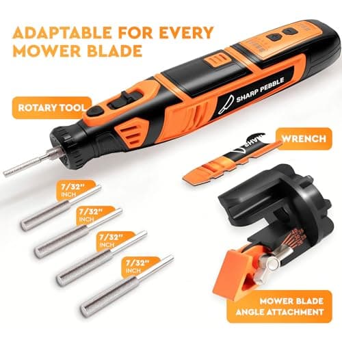 Sharp Pebble Cordless Lawn Mower Blade Sharpener – Adjustable 20°- 40° Angle Guide-Rotary Tool with Replaceable Sharpening Wheel Bits & Fast Rechargeable Battery – Effortless Precision for Lawn Care