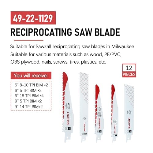 49-22-1129 Replacement for Milwauke Sawzall Reciprocating Saw Blade for Metal Wood PVC Pipe Cutting(Set of 12)