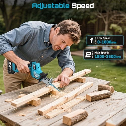 SEESII Reciprocating Saw Cordless, Variable Speed 3500 RPM Brushless Motor with 8 Saw Blades, 2 x 4.0Ah Batteries, LED Light, Tool‑Free Blade Change, Portable for Wood PVC Cutting