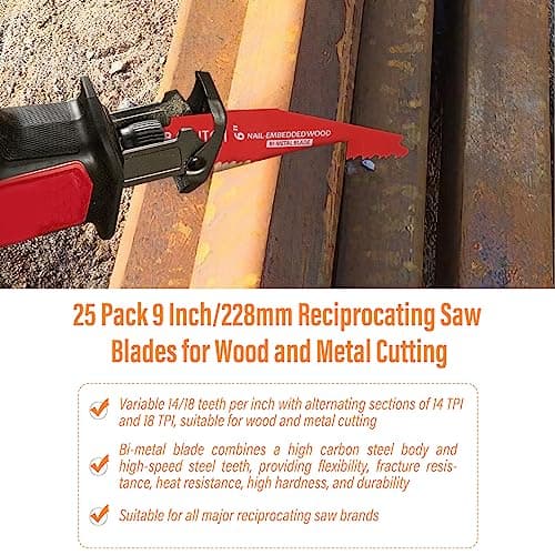 25 Pack 9 Inch 14/18 Tpi Reciprocating Saw Blades for Metal Cutting, Carbide Alloy Steel Sawzall Blades for Automobile Dismantling with 8% Cobalt for Longer Life and Faster Cutting Speed