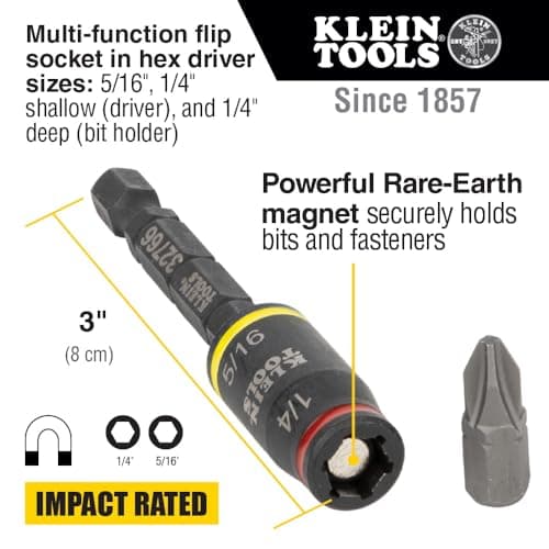 Klein Tools 32768 Impact Driver Set, 3-in-1 SAE Impact Socket and Bit Holder, Flip Socket with Nut Drivers in 1/4 and 5/16 Hex Sizes, 3 and 5-Inch Lengths, 2-Piece
