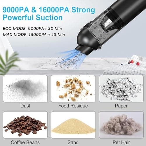 Handheld Vacuum Cordless, 16000pa Car Vacuum Cleaner High Power, 2 Speed Modes Mini Vacuum Cleaner with 2 Filters, Car Vacuum Portable Cordless with Air Blower for Home Office Pet Hair