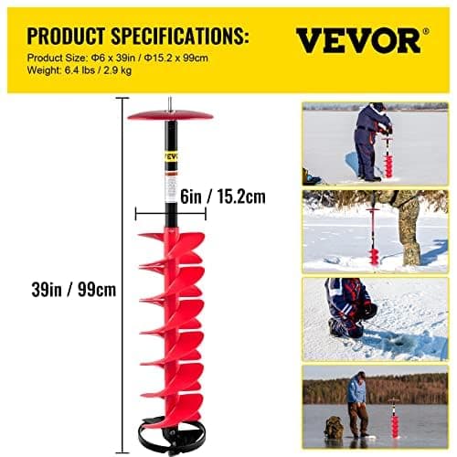 VEVOR 6" Diameter 39" Length Nylon Corless Ice Auger Drill Bit for Ice Fishing with Extra 11.8" Extension Rod, Drill Adapter, Top Plate and Blade Guard