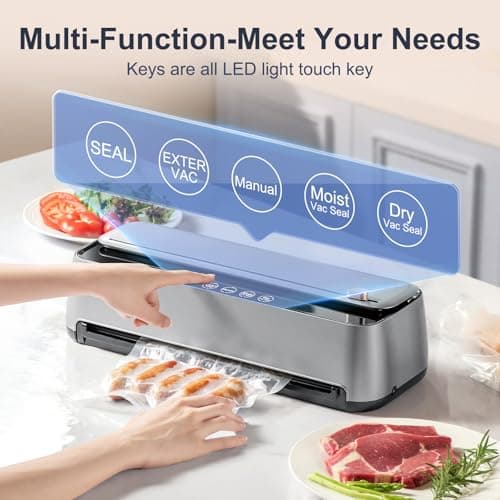 85Kpa Vacuum Sealer Machine for Food, 8-IN-1 Fully Automatic Food Sealer with Built-in Cutter & Bag Storage, Dry/Moist/EXT-VAC Modes, LED Touch Control, Includes 12 Vacuum Bags & 1 Roll Bag