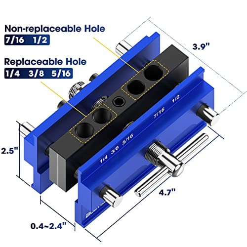 Self Centering Doweling Jig Kit, Drill Jig For Straight Holes Biscuit Joiner Set With 6 Drill Guide Bushings, Adjustable Width Drilling Guide Power Tool Accessory Jigs (Blue)