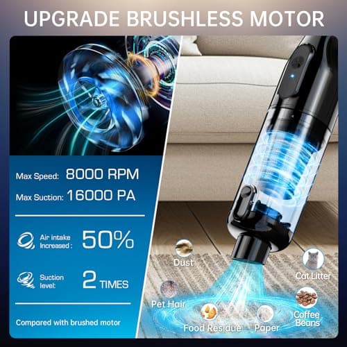 Handheld Vacuum Cordless, Portable Car Vacuum with 16000Pa Powerful Suction, Ultra-Lightweight 1.3lbs, Brushless Motor, Multiple Accessories for Home Office Car Pets Cleaning