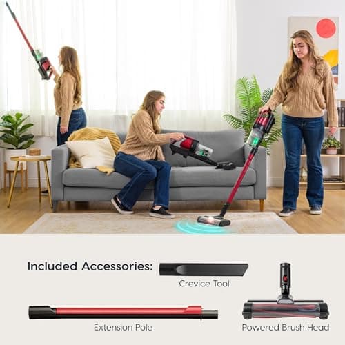 Cordless Vacuum Cleaner, 11-inch Powerhead, Self-Standing Design, Fast Charging, 50-Minute Runtime, LED Dust Sensor, Red