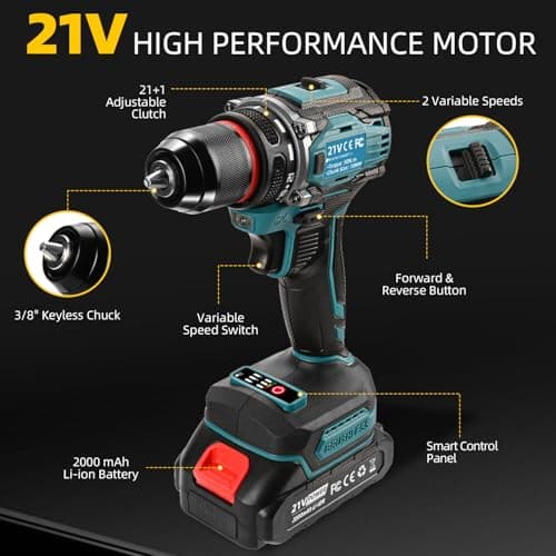 21V Cordless Power Drill/Driver Set, Electric Power Drill Set with 2 Battery & Charger, 3/8” Keyless Chuck, 2 Variable Speed, 28-Piece Kit Power Drill Drivers for Home Use