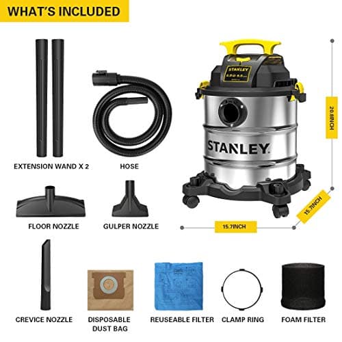 STANLEY SL18116 Wet/Dry Vacuum, 6 Gallon, 4 Horsepower, Stainless Steel Tank, 4.0 HP, Silver+Yellow