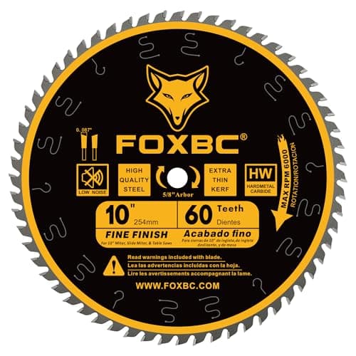 FOXBC 10 Inch Thin Kerf Fine Finish Crosscut Table Saw Blade, 60-Tooth ATB, with 5/8-Inch Arbor