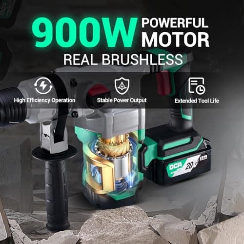 DCA 20V MAX Brushless Rotary Hammer Drill, 4.5 Joule, 3800BPM, 1-1/8 Inch SDS-Plus, Cordless Heavy Duty Rotary Hammer Drill with Vibration Control, 5.0Ah Battery, 4A Fast Charger and Safety Clutch