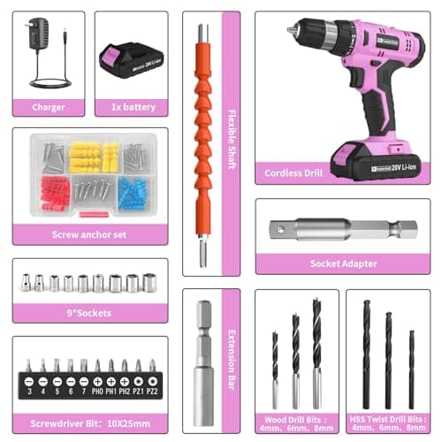 Cordless Drill Set, 20V Electric Power Drill With Battery And Charger, 30N Torque, 21+1 Settings, 3/8-Inch Keyless Chuck, Driver Bits Kit, LED Light (Pink)