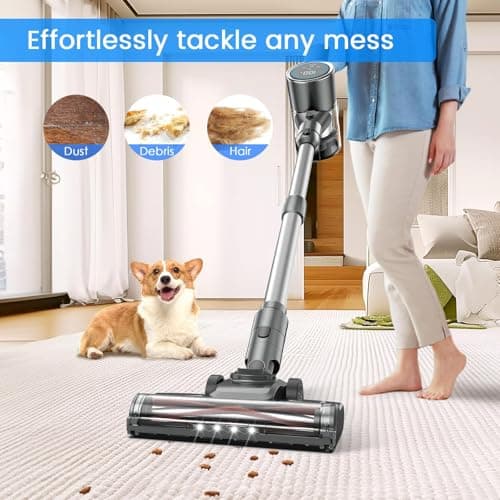 Cordless Vacuum Cleaner, 350W 35KPA 100Mins Runtime Powerful Stick Vacuum for home with Self-Standing, Touch Screen, Rechargeable Handheld Vacuum for Home/Pet Hair/Carpets/Hard Floors(2 Batteries)
