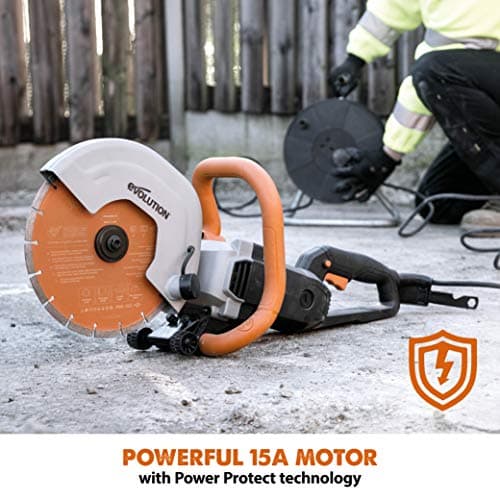 Evolution R255DCT - 10 In Concrete Saw (Aka Circular, Angle Grinder, Chop Saw, Cut Off, Demo, Disc Cutter, Power Cutter) - 15A Motor, No Gas - 4-1/16 In Cut - Incl Premium Diamond Blade