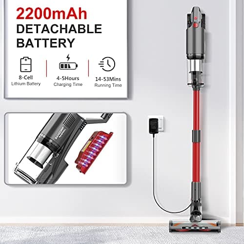 whall Cordless Vacuum Cleaner, Upgraded 25Kpa Suction 280W Brushless Motor Cordless Stick Vacuum Cleaner, Lightweight Handheld Vacuum for Home Pet Hair Carpet Hard Floor, up to 55mins Runtime,Grey