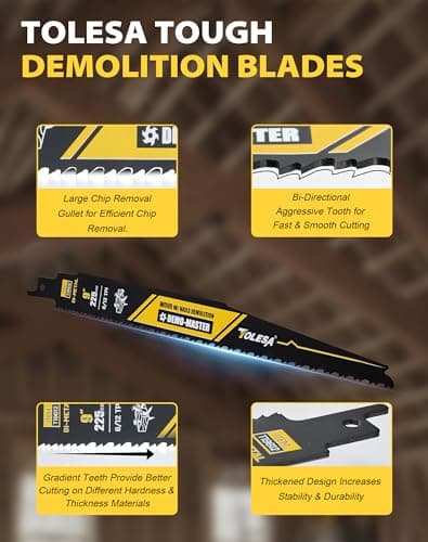 TOLESA 9 Inch 6/12 TPI Reciprocating Saw Blades for Wood and Nail-Embedded Wood Demolition, 25 Pack Bi-Metal Reciprocating Saw Blade for Fast & Smooth Cutting