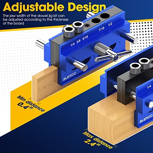 Self Centering Doweling Jig Kit, Drill Jig For Straight Holes Biscuit Joiner Set With 6 Drill Guide Bushings, Adjustable Width Drilling Guide Power Tool Accessory Jigs (Blue)