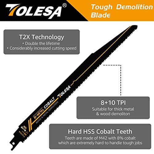 TOLESA Metal Wood Demolition Reciprocating Saw Blades 12 Inch 8+10TPI Sawzall Blades for Steel Pipe Cutting, Drywall, Chipboard, Glass Fiber-Reinforce Plastic and Composite Materials Demolition 5 Pack