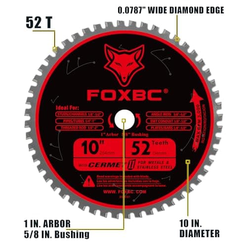 FOXBC 10 Inch Metal Steel Cutting Saw Blade 52 Teeth, 1" Arbor with 5/8" Bushing, Cermet Carbide Up to 5X Longer Life
