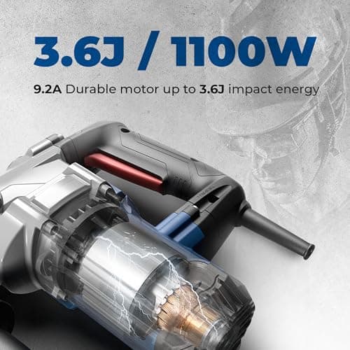 Dong Cheng 1-1/8 Inch SDS-Plus Rotary Hammer Drill with Safety Clutch, 9.2 Amp Heavy Duty Corded Demolition Hammer for Concrete, 3.6 Joules, Including 3 Drill Bits, Flat Chisels and Point Chisels
