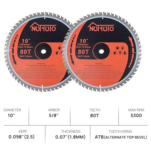 2 Pack 10" 80T Circular Saw Blade, Saw Blade Arbor Size 5/8-inch, TCT ATB for Cutting Wood, Plastic, PVC, Acrylic,by NUTTUTO