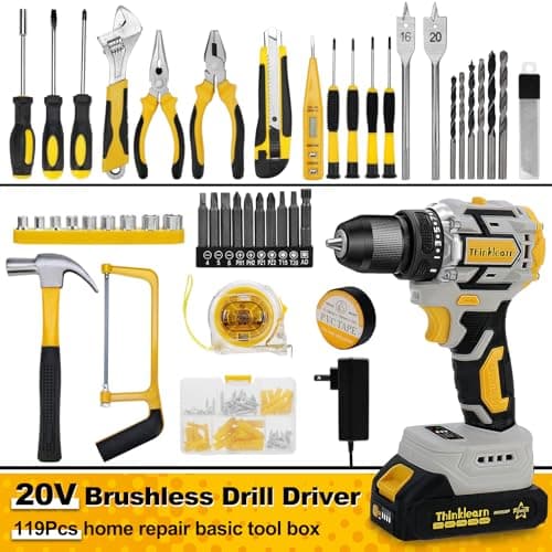 20V Brushless Drill Set, Cordless Power Drill with 2.0Ah Battery,119 PCS Combo Tool Kit for Men, 10mm 3/8" Keyless Chuck, 21+1 Torque Setting Power Tool Set for DIY Garden House Office Repair