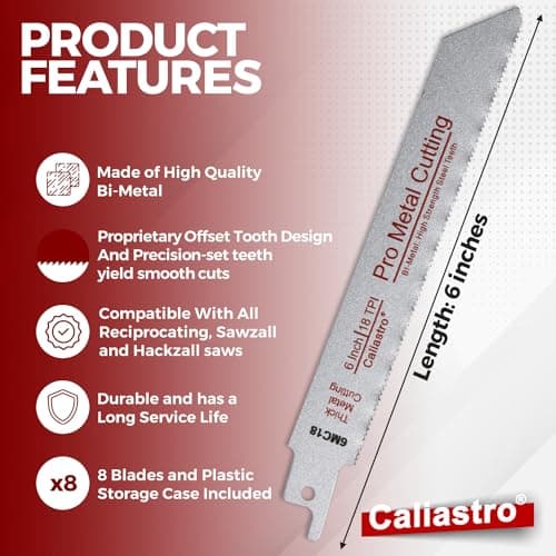 6-Inch Thick Metal Cutting Reciprocating Saw Blades (18 TPI) Made of Long Lasting Bi-Metal (HSS Teeth Bonded to HCS Body) - 8 Pack - Caliastro