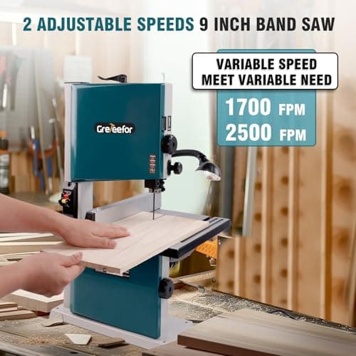 3Amp 9 Inch Benchtop Band Saw, 2-Speed（1700/2500FPM）with 360° Work Light, Miter Gauge & Rip fence, Steel Base, Band Saws for Woodworking