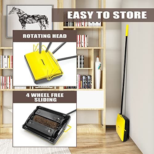 Carpet Sweeper Manual Push with Horsehair Brush, Electrostatic Floor Roller Sweeper Broom Non Electric for Pet Hair, Rug (Yellow)