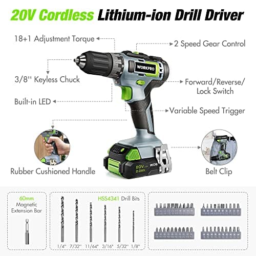 WORKPRO Home Tool Set With 20V Cordless Lithium-ion Drill Driver, 157PCS All-Purpose Kit, Power Drill Combo With Tool Bag