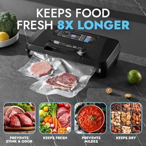 95Kpa Vacuum Sealer Machine for Food, 10-in-1 Presets with Sous Vide Mode, Double Heat Seal, Built-in Cutter & Bag Storage, Dry/Moist/Liquid, Compact Design, Easy-Lock Handle, Commercial Grade