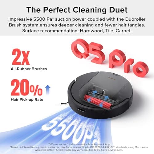 roborock Q5 Pro Robot Vacuum and Mop Combo, 5500Pa Powerful Suction, DuoRoller Brush, LiDAR Navigation, 3D Mapping, Robotic Cleaner for Dirt, Floors, Pet Hair, 240min Runtime, Smart No-Go Zone, Black