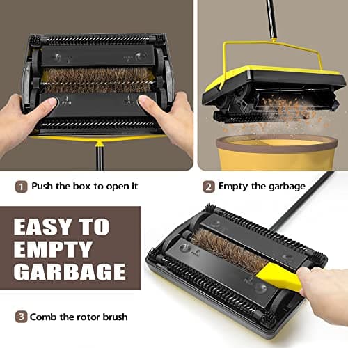 Carpet Sweeper Manual Push with Horsehair Brush, Electrostatic Floor Roller Sweeper Broom Non Electric for Pet Hair, Rug (Yellow)