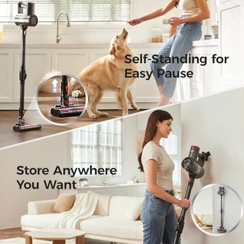Cordless Vacuum Cleaner with Bendable Wand, Lightweight Stick Vacuum Cleaners for Home, Hard Floor & Carpet, Pet Hair,Under Furniture, 6-in-1 Handheld Vacuum, Self-Standing, Wall Mount Storage
