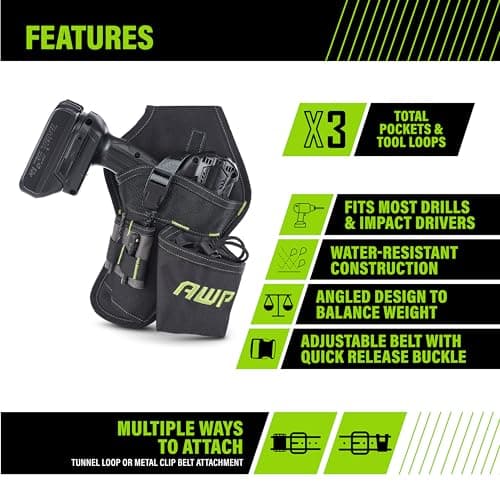 AWP Electrician Tool Pouch, Premium Professional Multi-Pocket Utility Bag Organizer, Durable Leather Work Pouch for Men’s Tool Belts and Construction Jobs, 1LC-412-RL-3