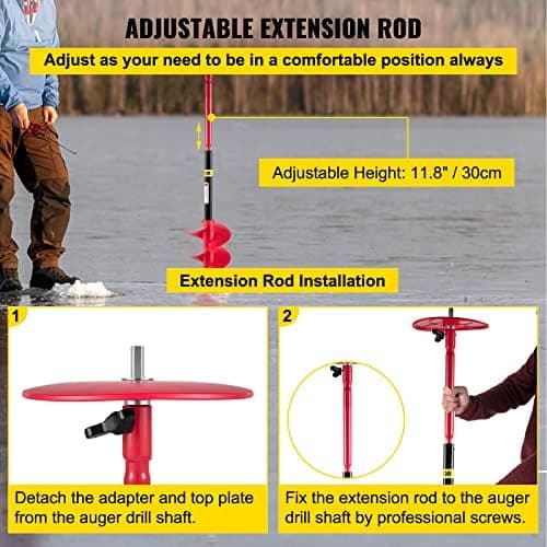 VEVOR 6" Diameter 39" Length Nylon Corless Ice Auger Drill Bit for Ice Fishing with Extra 11.8" Extension Rod, Drill Adapter, Top Plate and Blade Guard