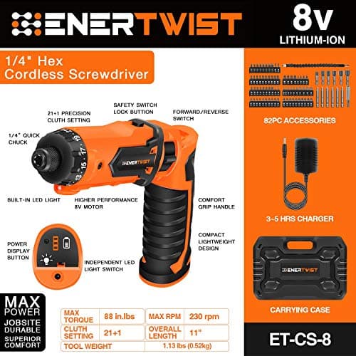 ENERTWIST Cordless Screwdriver, 8V Max 10Nm Electric Screwdriver Rechargeable Set with 82 Accessory Kit and Charger in Carrying Case, 21+1 Cluth, Dual Position Handle, LED Light, ET-CS-8