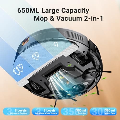Robot Vacuum and Mop Combo 5000Pa 650mL 2 in 1 Mopping Robot Vacuum Cleaner Schedule WiFi/Alexa/App Smart Self-Charging Robotic Vacuum Ultra-Slim Quiet Tangle-Free Ideal for Hard Floor Pet Hair Carpet