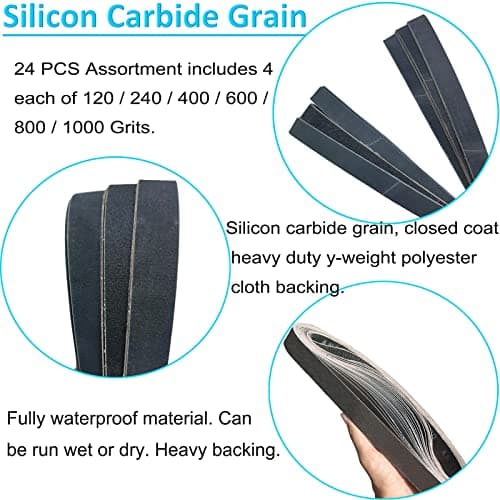 24 Pack 1 x 30 Inch Silicon Carbide Sanding Belts Assorted -120 240 400 600 800 and 1000 Grits, High Performance Sander Belts For Knife Sharpening and Metalworking