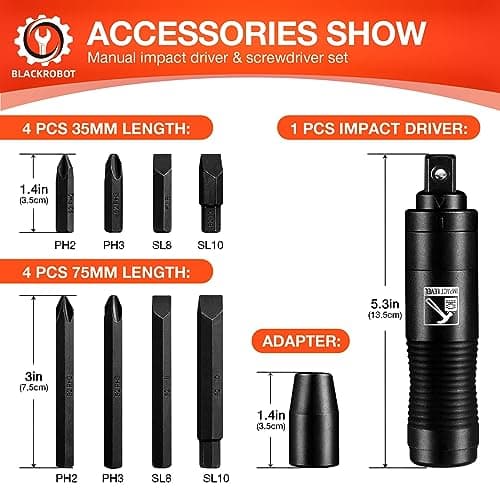BLACKROBOT 1/2 Inch Drive Impact Screwdriver Set, CR-V, Hand Manual Reversible Impact Driver Set Extractor, 5/16 Inch Bit Adapter with S2 Steel Bits, 10PCS, Disengage Rusted Fasteners or Frozen Bolts